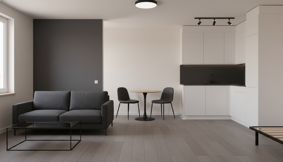 Дизайн 1-комнатной квартиры 24.2 м² в контрастном стиле: для двух детей