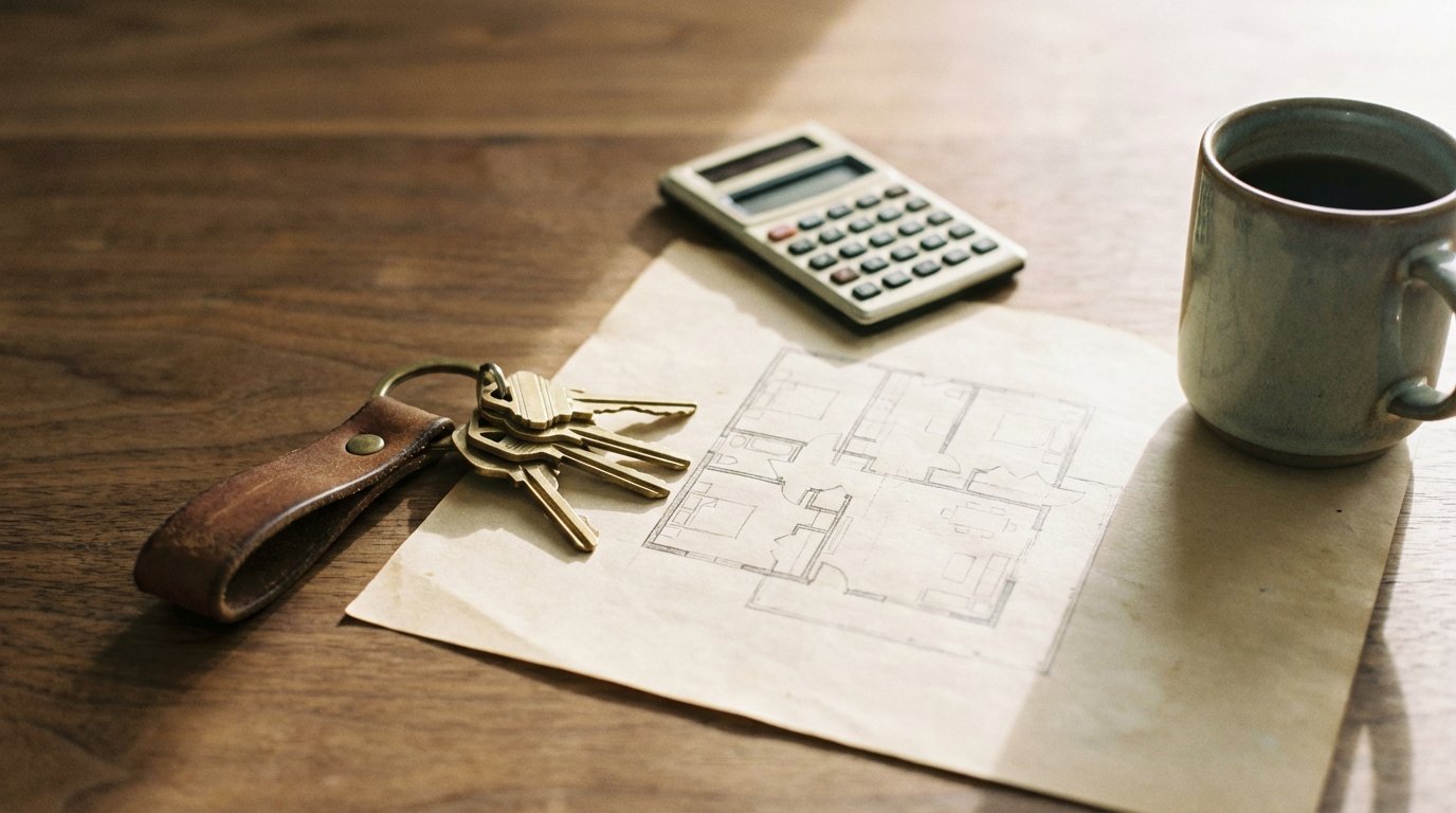 Ключи, план квартиры и документы на столе — подготовка к сделке с недвижимостью