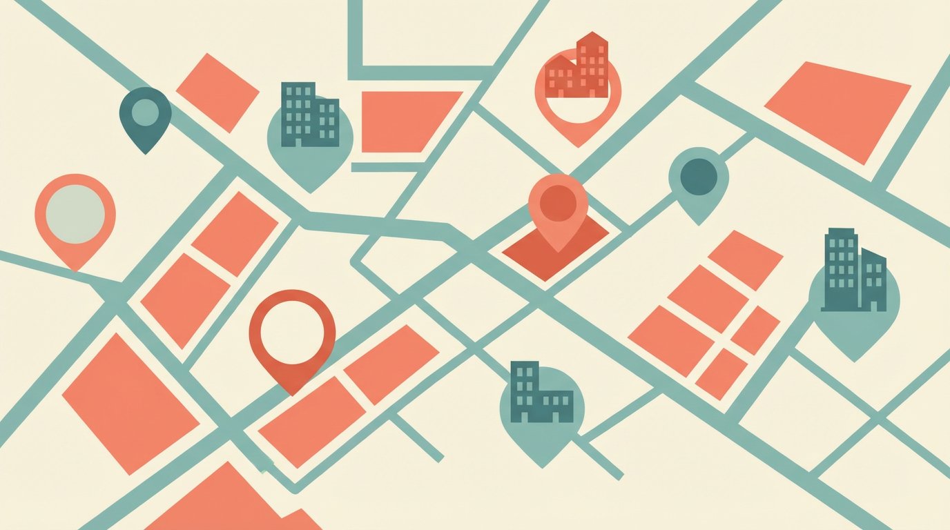 Схема карты города с отметками жилых кварталов — визуальный поиск квартиры по району